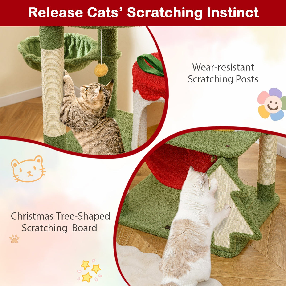 Lindo árbol de Navidad para gatos con postes rascadores de sisal y condominio con forma de caja de regalo - Verde