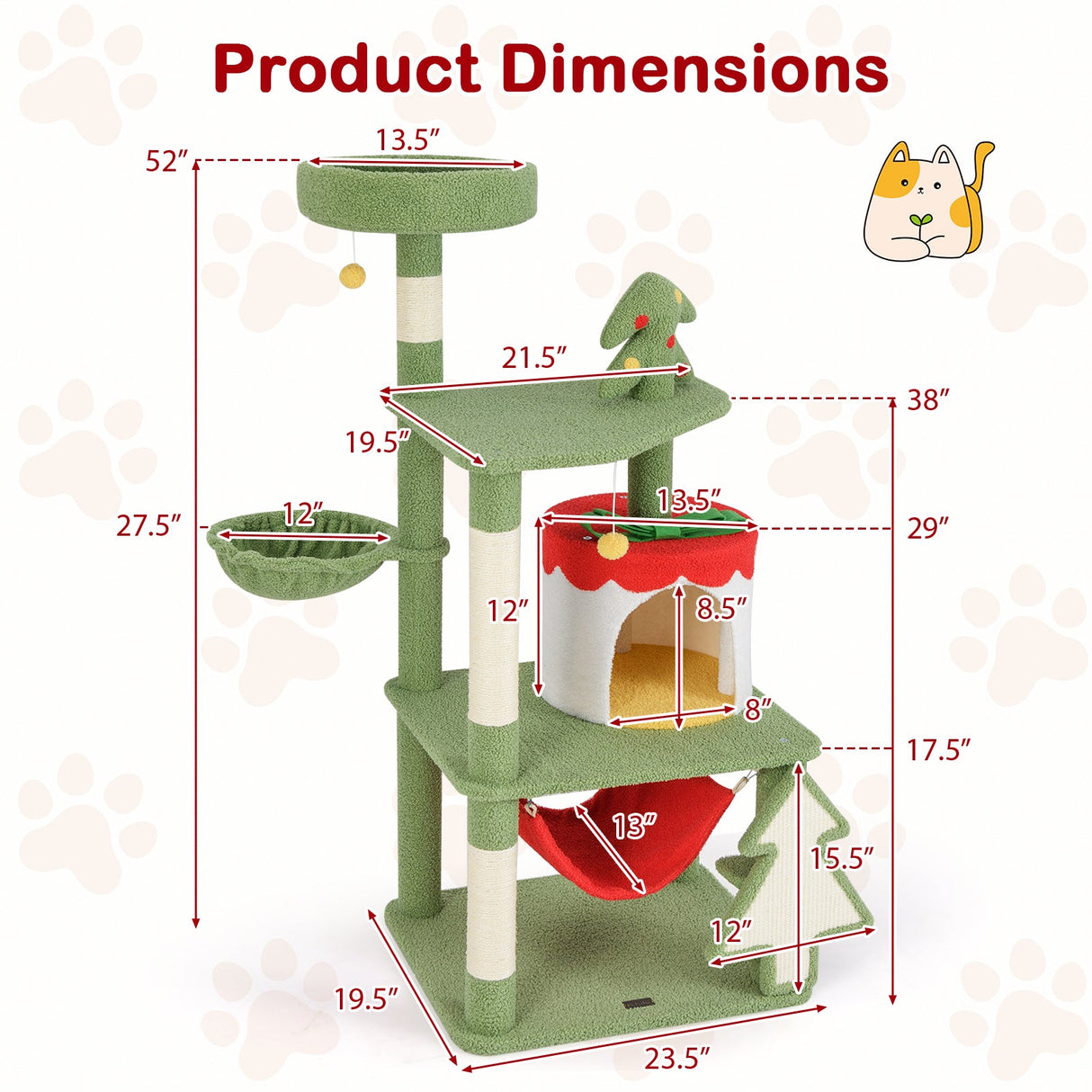 Lindo árbol de Navidad para gatos con postes rascadores de sisal y condominio con forma de caja de regalo - Verde