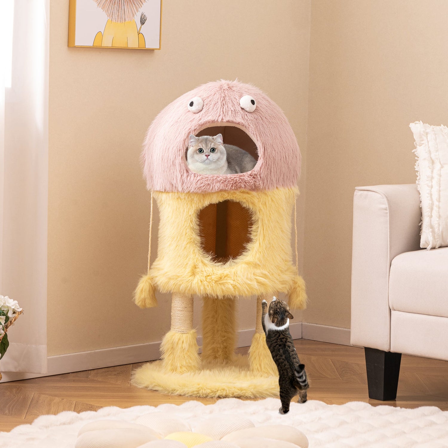 Bonita torre para gatos con temática de monstruos, 2 condominios privados y centro de actividades de 3 niveles - Amarillo
