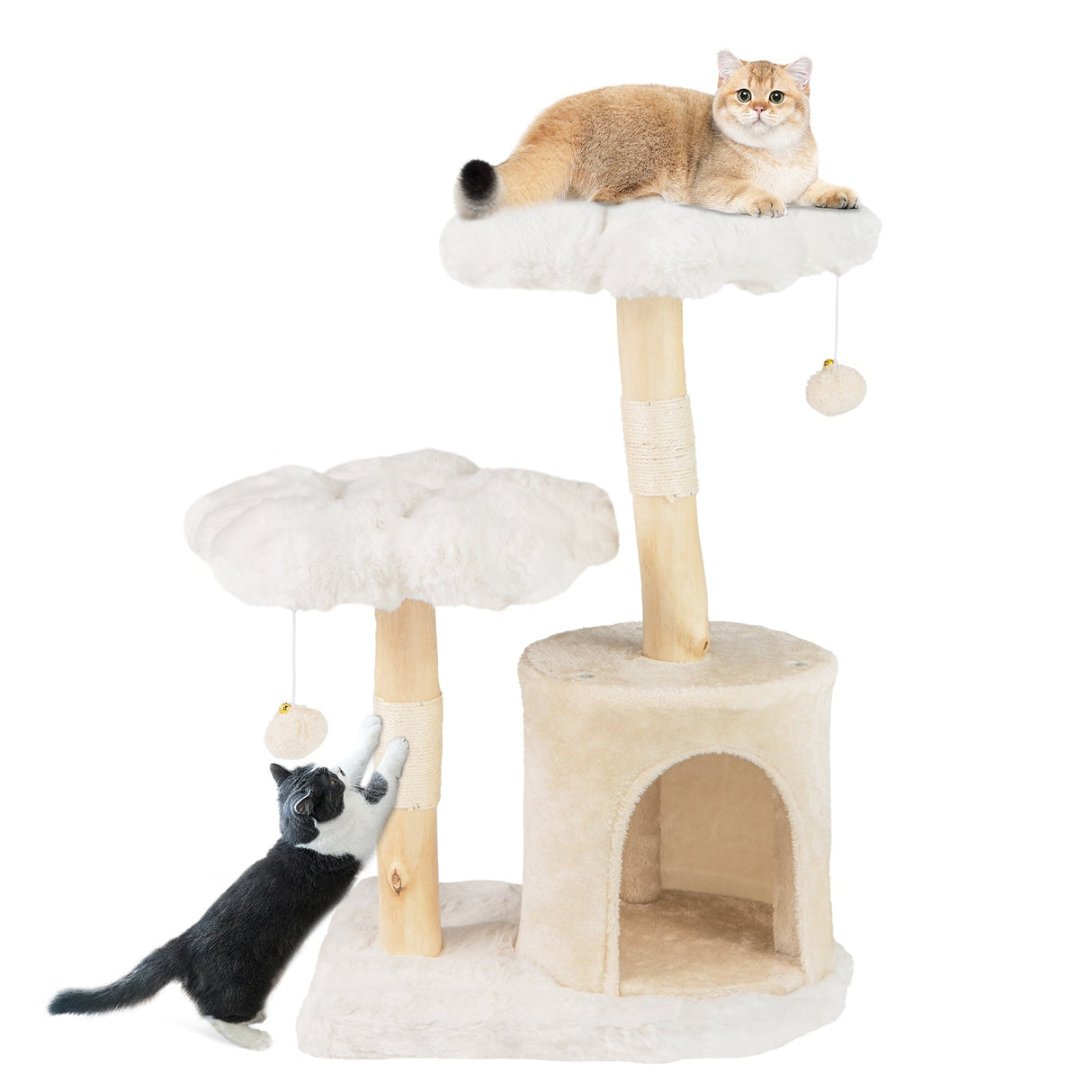 Árbol rascador de madera maciza para gatos, con ramas naturales, diseño de torre moderna con flores y postes de sisal - Beige