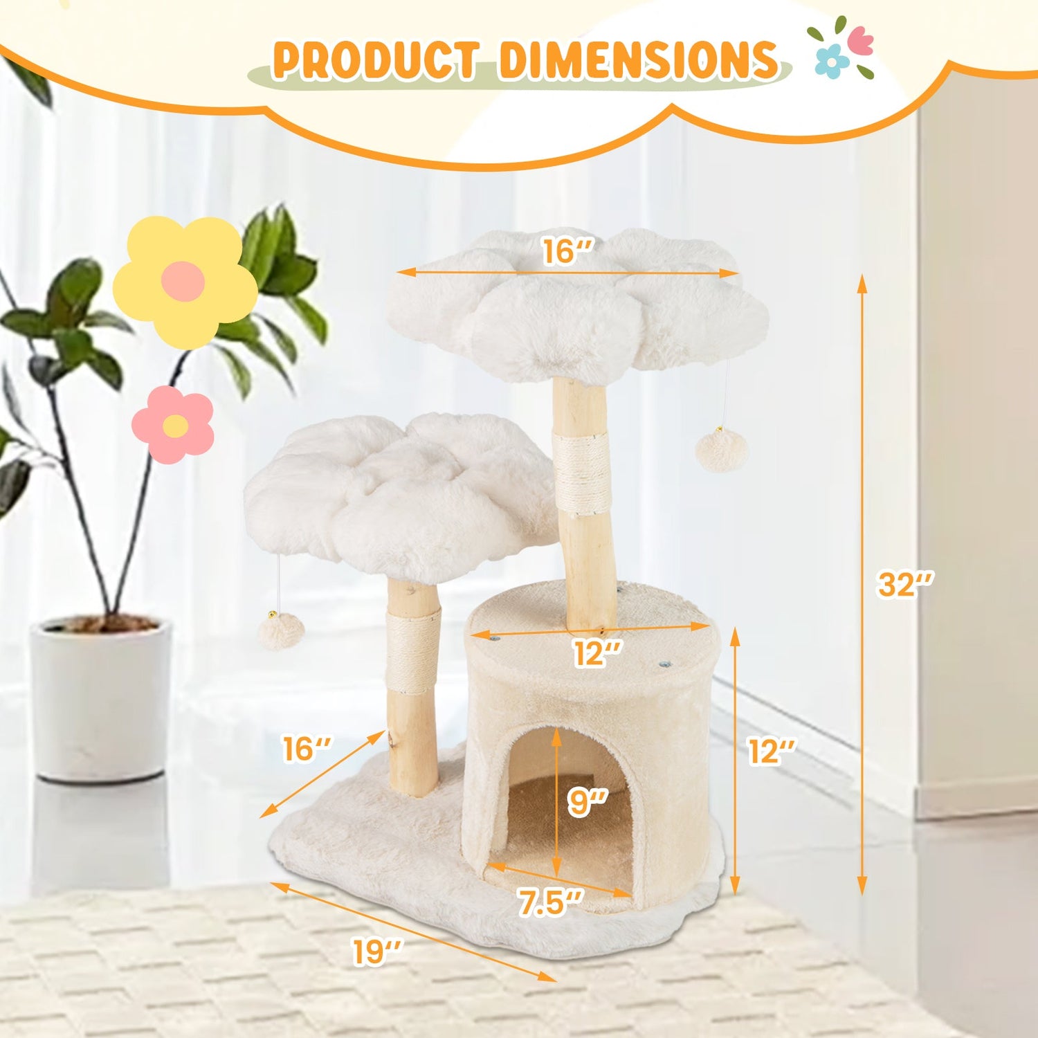 Árbol rascador de madera maciza para gatos, con ramas naturales, diseño de torre moderna con flores y postes de sisal - Beige