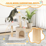 Árbol rascador de madera maciza para gatos, con ramas naturales, diseño de torre moderna con flores y postes de sisal - Beige