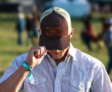 “American Skull Buck” Trucker Hat – Classic Leather Patch | Brown & Tan Western Hunting Cap | Westrek