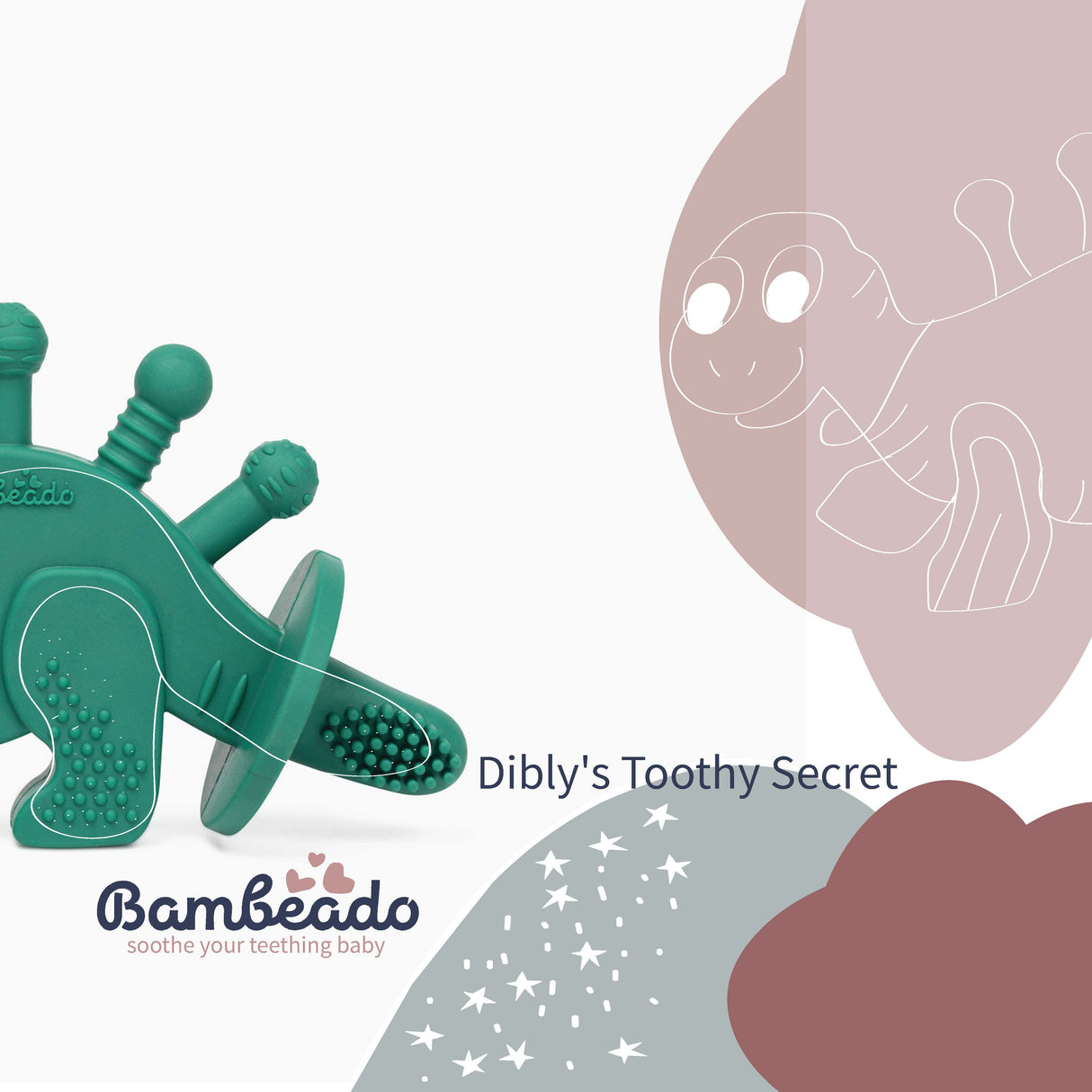 Dibly - Verde - Mordedor de dinosaurio de caucho natural y ámbar báltico con cola de cepillo de dientes