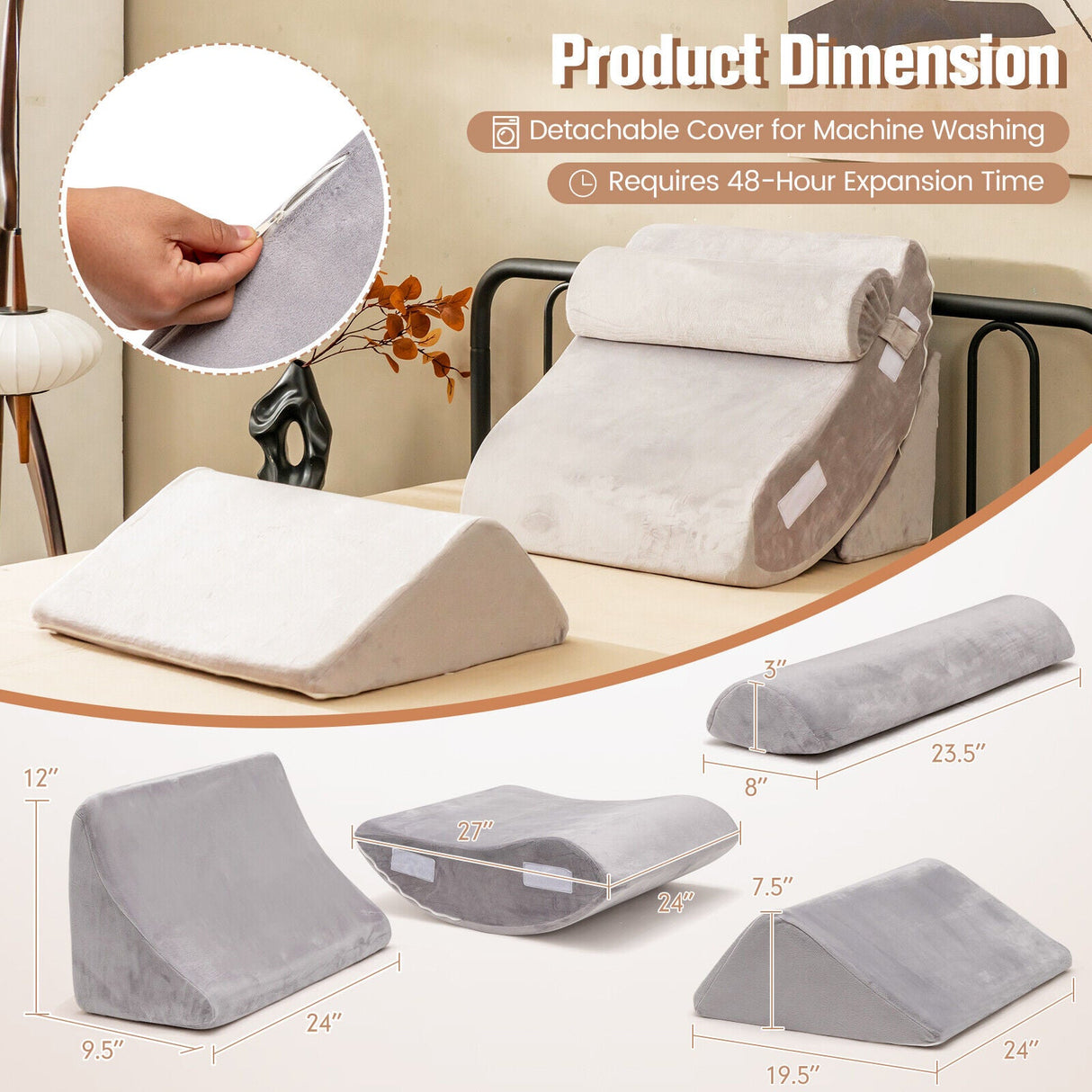 Cuña de cama de 4 piezas para alivio del dolor de espalda, cuello y piernas - Gris