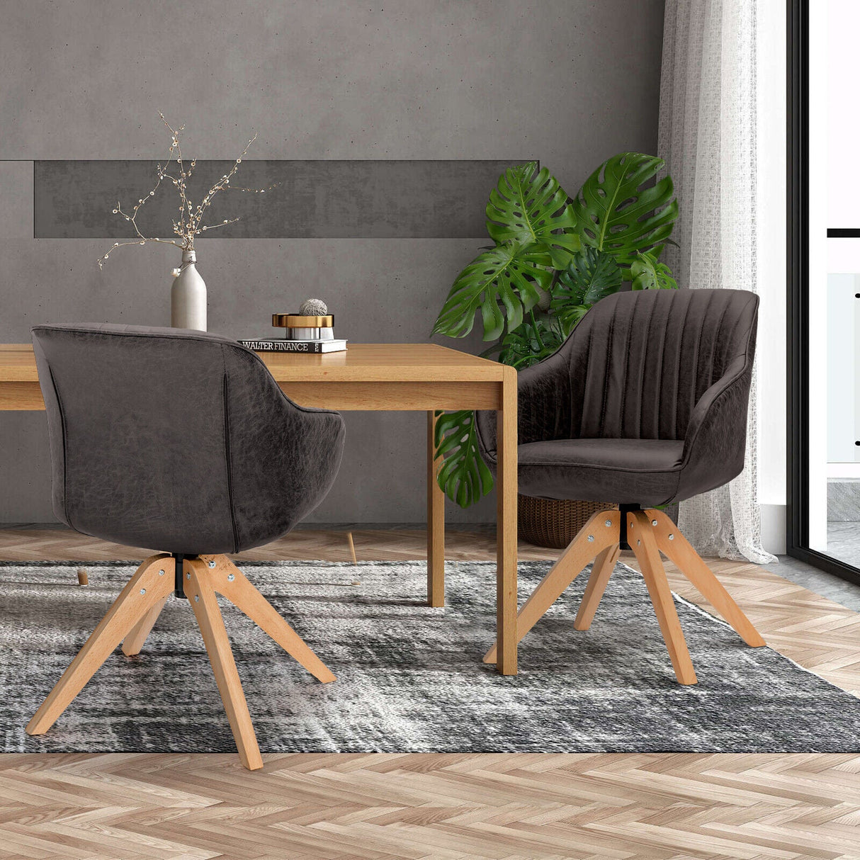 Juego Moderno Leathaire de 2 Sillones Giratorios con Patas de Madera de Haya