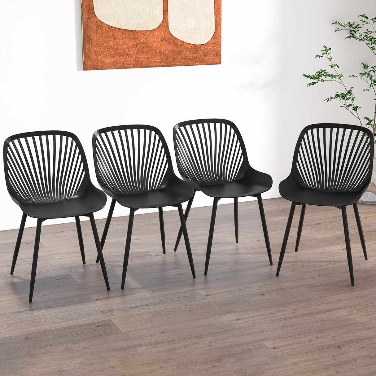 Sillas de cocina modernas con patas de metal, respaldo calado, asiento curvo para comedor, oficina en casa - Negro