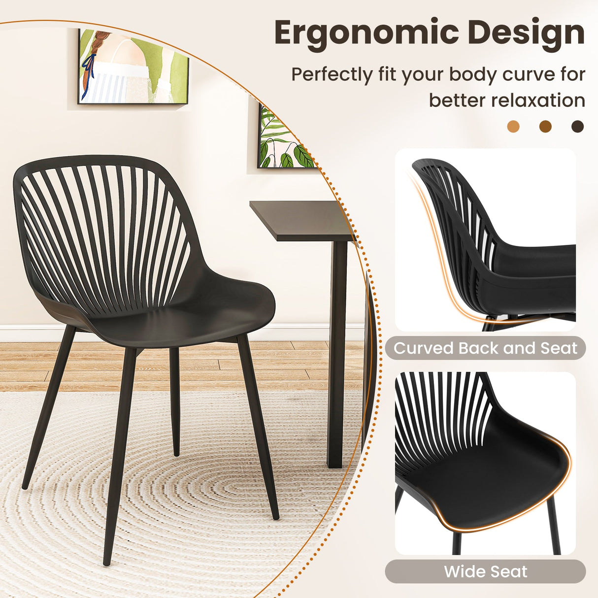 Sillas de cocina modernas con patas de metal, respaldo calado, asiento curvo para comedor, oficina en casa - Negro