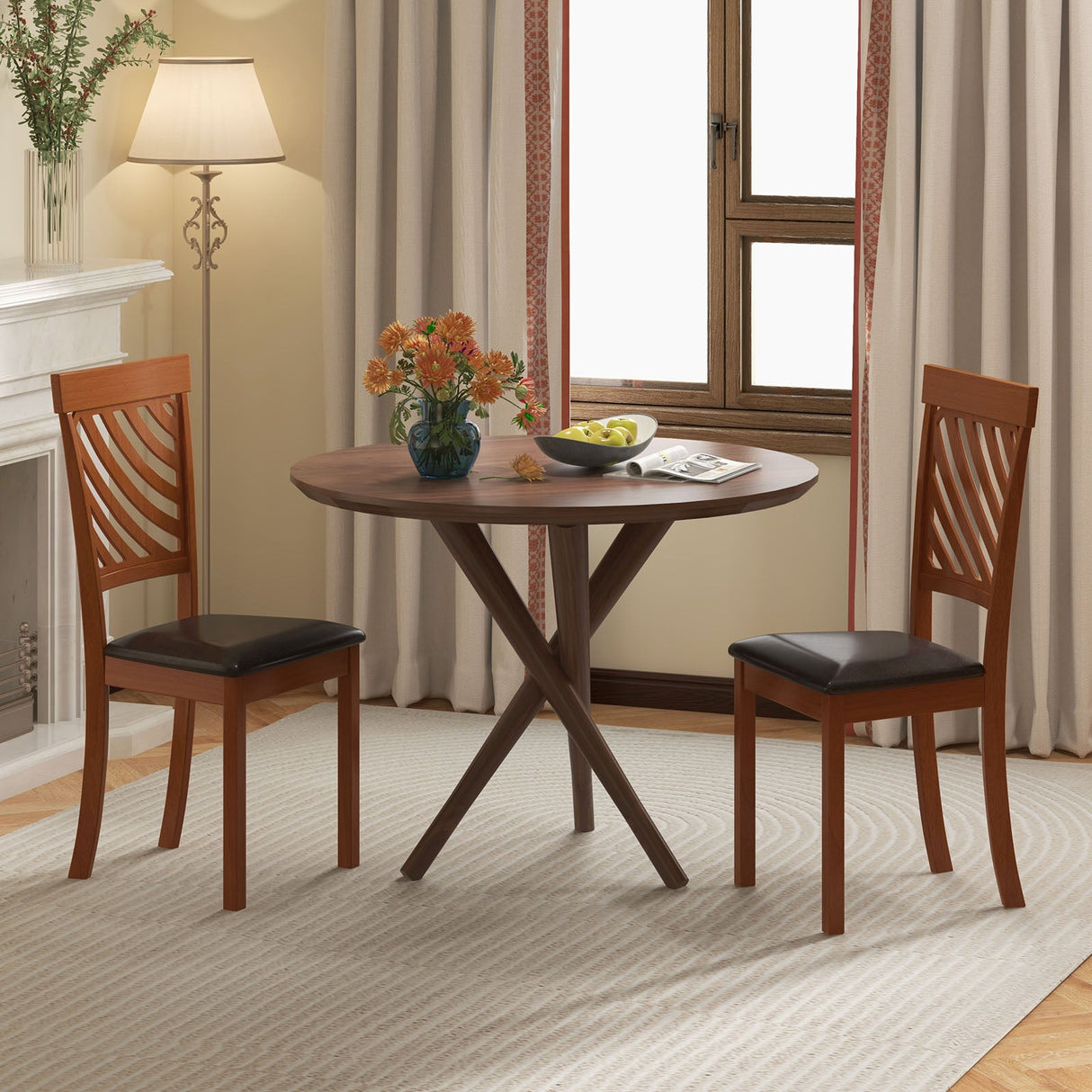 Juego de 2 Sillas de Comedor con Patas de Madera de Caucho y Respaldo Ergonómico para Comedor-Nogal