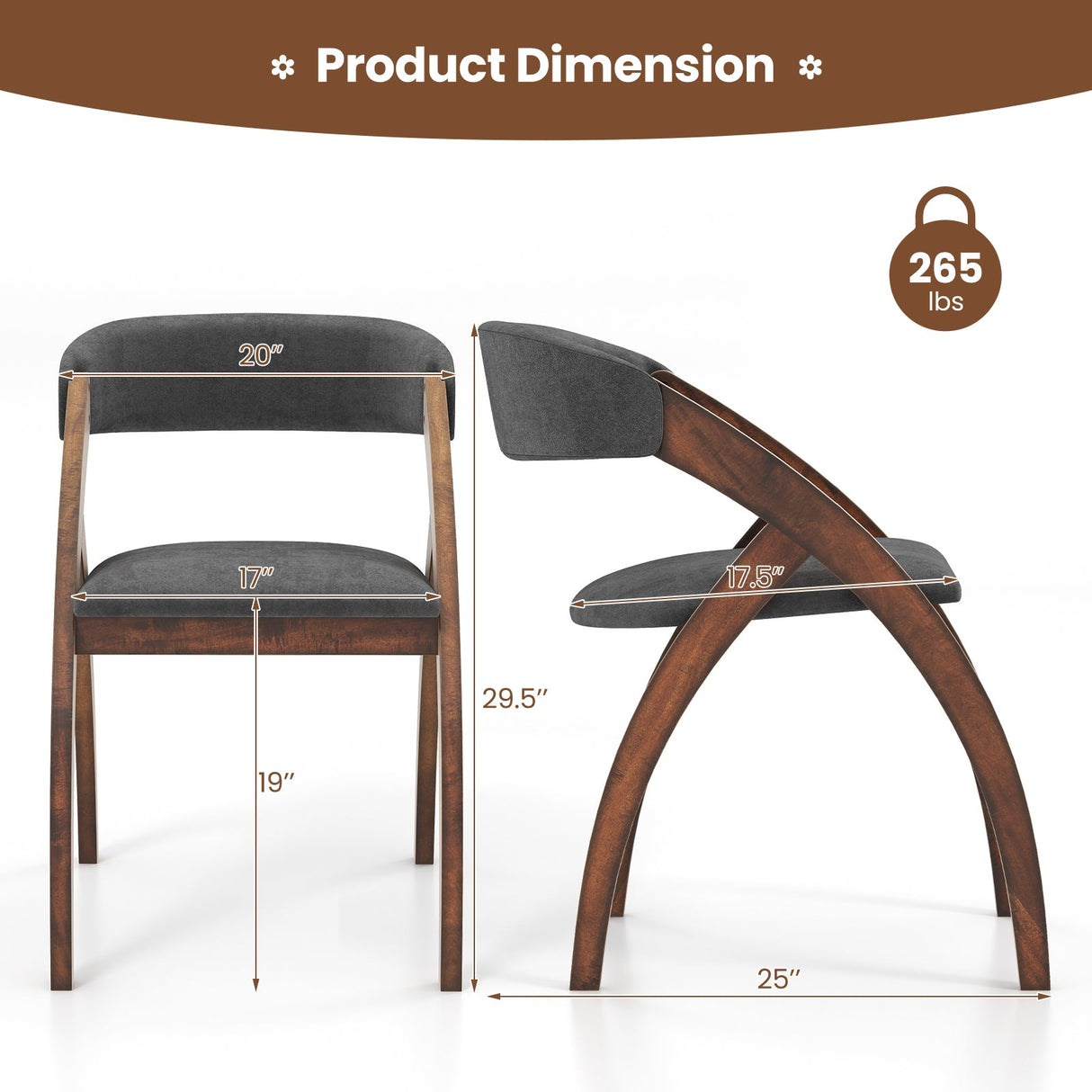 Dining Chair Set of 2 with Padded Cushion and Curved Back for Living Room-Walnut