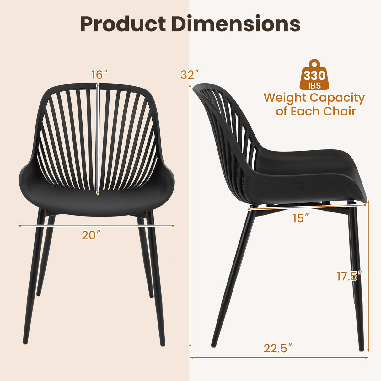 Sillas de cocina modernas con patas de metal, respaldo calado, asiento curvo para comedor, oficina en casa - Negro