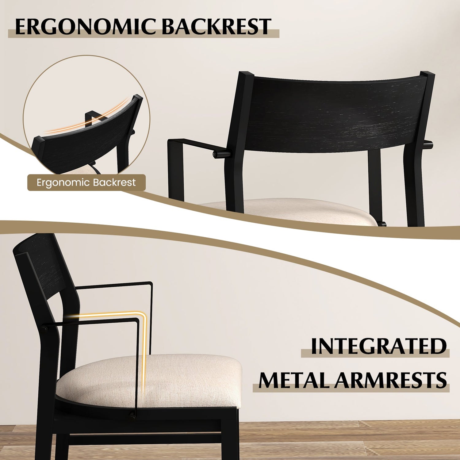 Sillas de comedor con respaldo contorneado y asiento acolchado, juego de 2