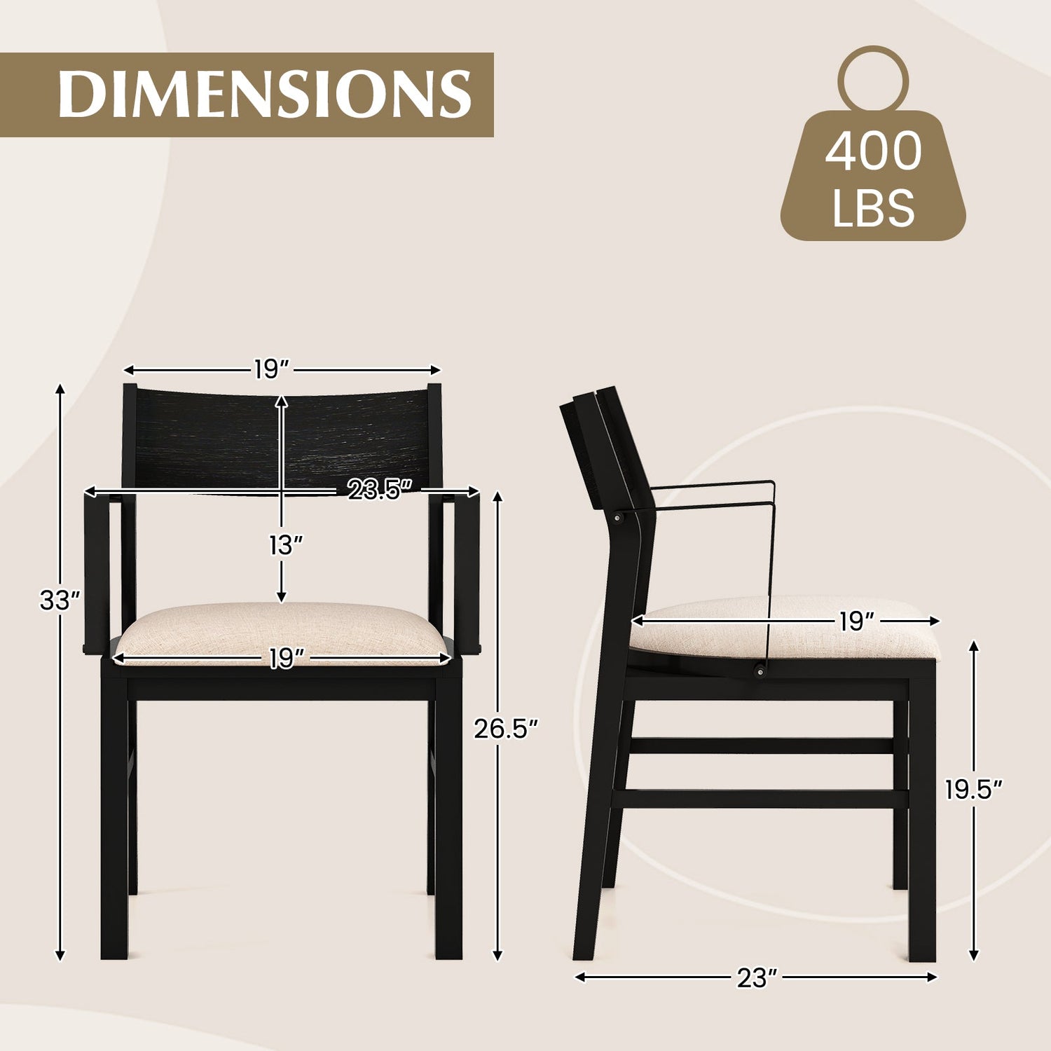 Sillas de comedor con respaldo contorneado y asiento acolchado, juego de 2