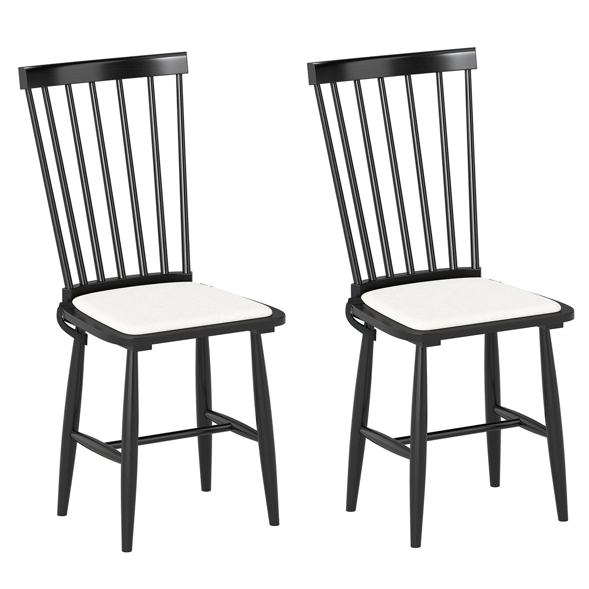 Juego de 2 sillas de comedor Windsor de madera maciza de caucho estilo rústico con cojines de asiento extraíbles - Negras