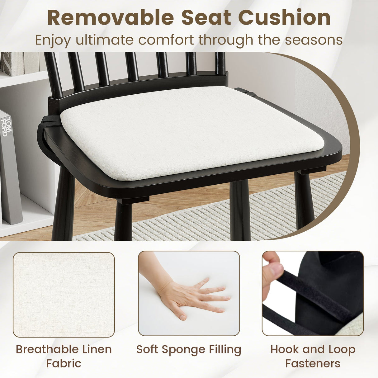 Juego de 2 sillas de comedor Windsor de madera maciza de caucho estilo rústico con cojines de asiento extraíbles - Negras