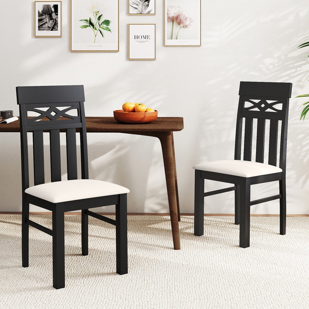 Sillas de comedor juego de 2 sillas de comedor con respaldo alto y asiento acolchado y estructura de madera de caucho - Negro