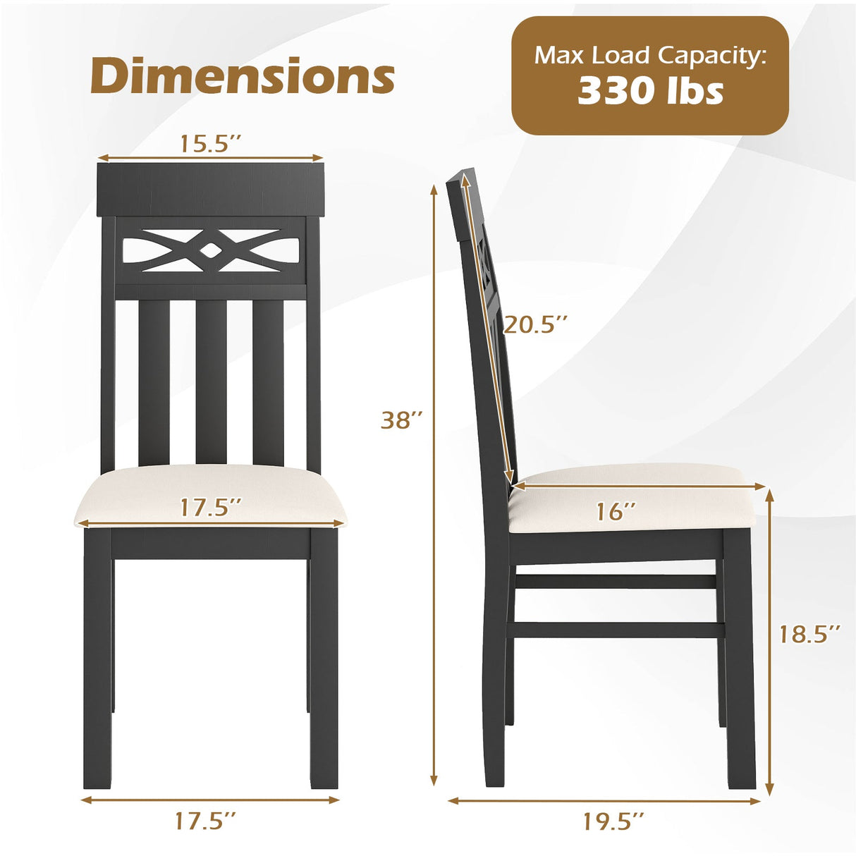 Sillas de comedor juego de 2 sillas de comedor con respaldo alto y asiento acolchado y estructura de madera de caucho - Negro
