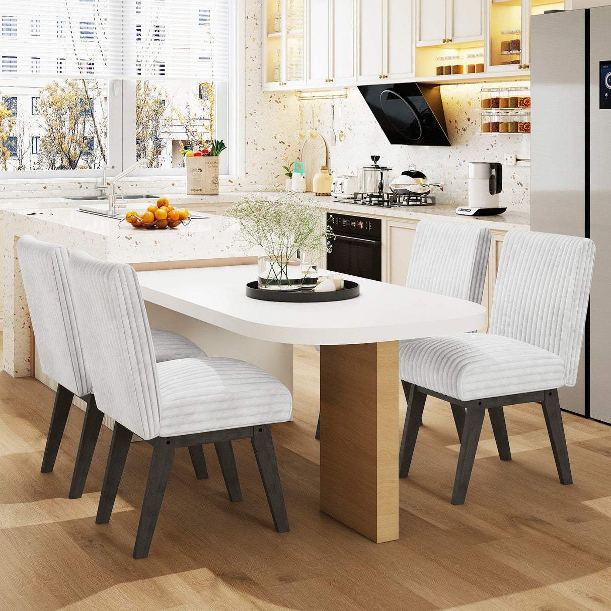 Juego de 2 sillas de comedor tapizadas con tela, sillas de cocina con asiento acolchado y patas de madera de caucho - Blanco + Gris