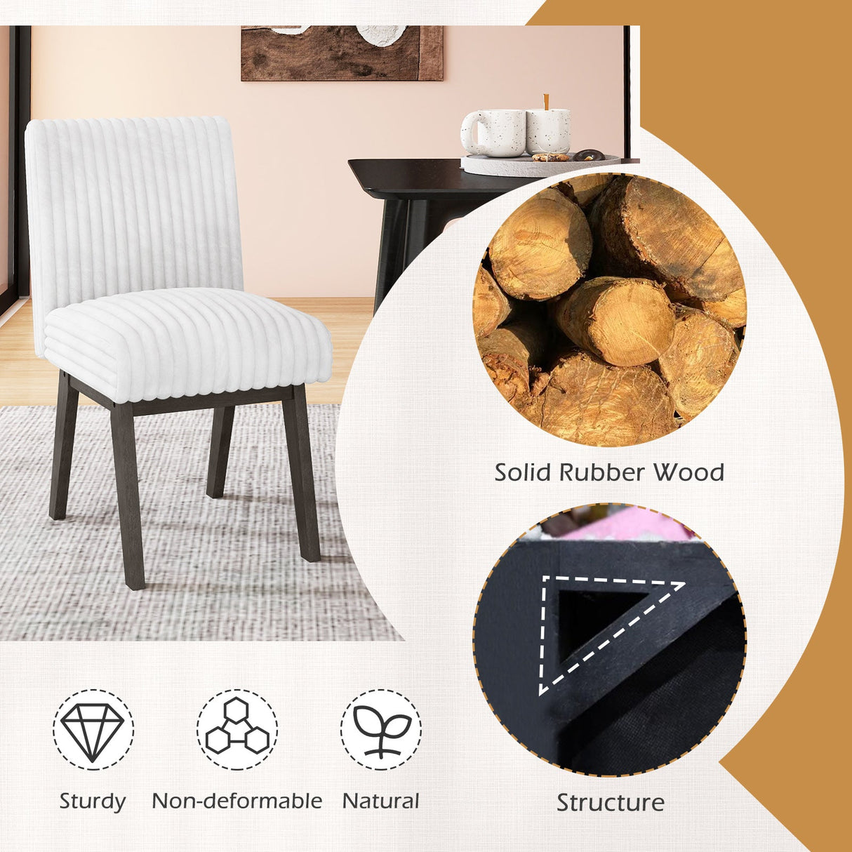 Juego de 2 sillas de comedor tapizadas con tela, sillas de cocina con asiento acolchado y patas de madera de caucho - Blanco + Gris