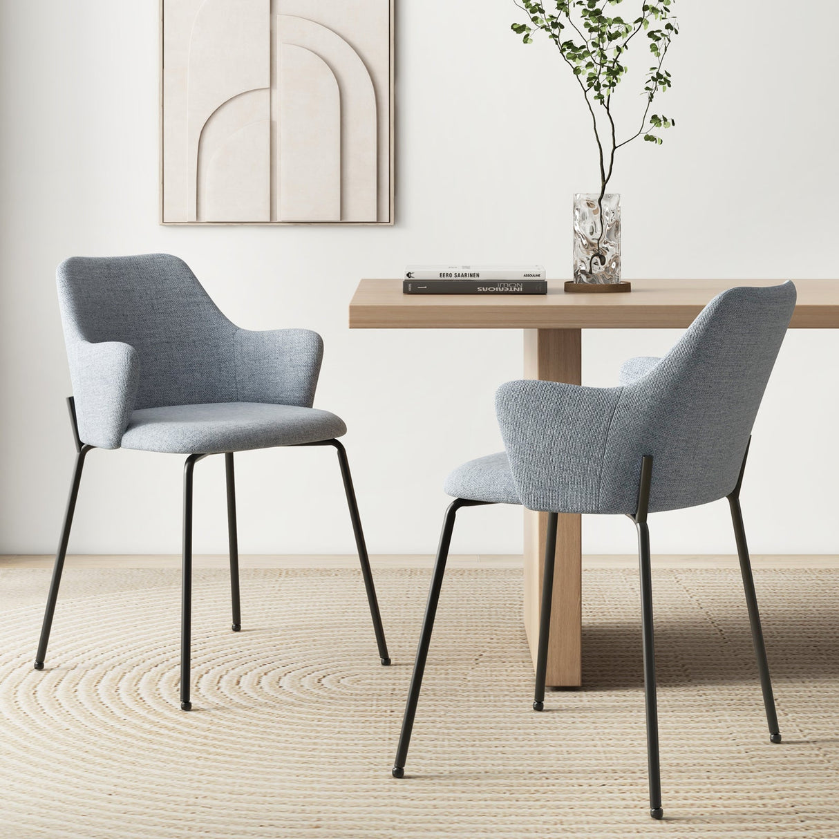 Juego de 2 sillas de comedor con respaldo curvo, asiento ancho y reposabrazos