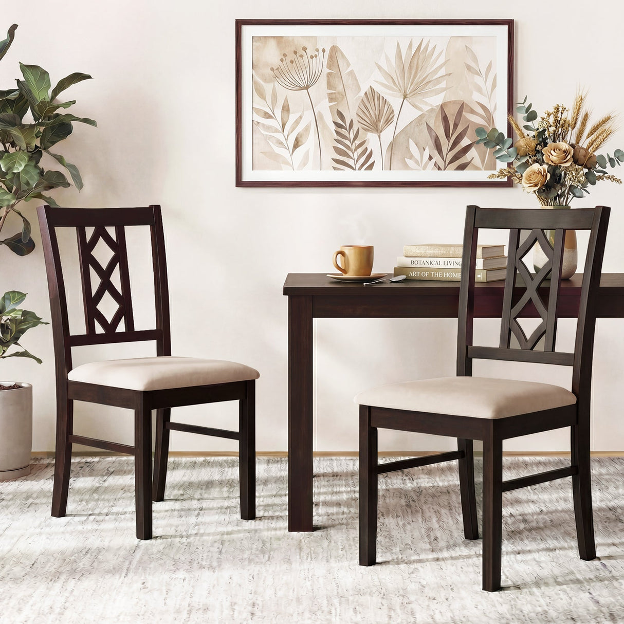 Dining Room Chairs Set of 2 Rubber Wood Dining Chairs with Hollowed Backrest-Brown