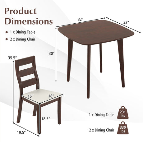 Juego de comedor de 3 piezas con mesa de cocina cuadrada de madera y 2 sillas - Nogal