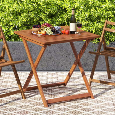 Mesa de comedor para patio de 29.5 pulgadas x 29.5 pulgadas con pintura de teca y agujero para sombrilla