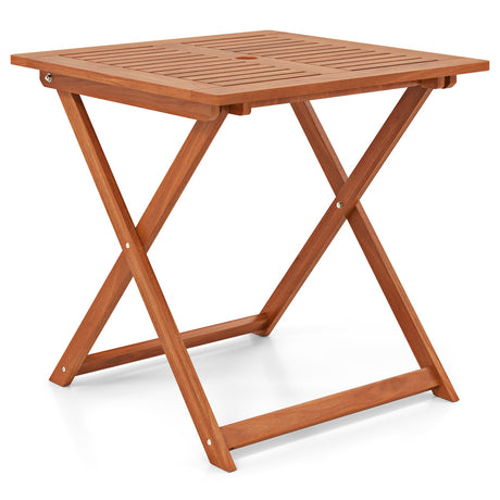 Mesa de comedor para patio de 29.5 pulgadas x 29.5 pulgadas con pintura de teca y agujero para sombrilla
