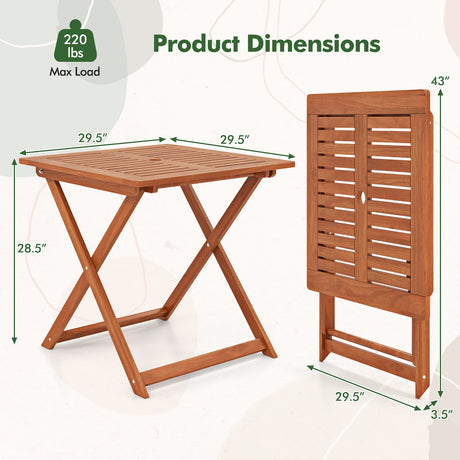 Mesa de comedor para patio de 29.5 pulgadas x 29.5 pulgadas con pintura de teca y agujero para sombrilla
