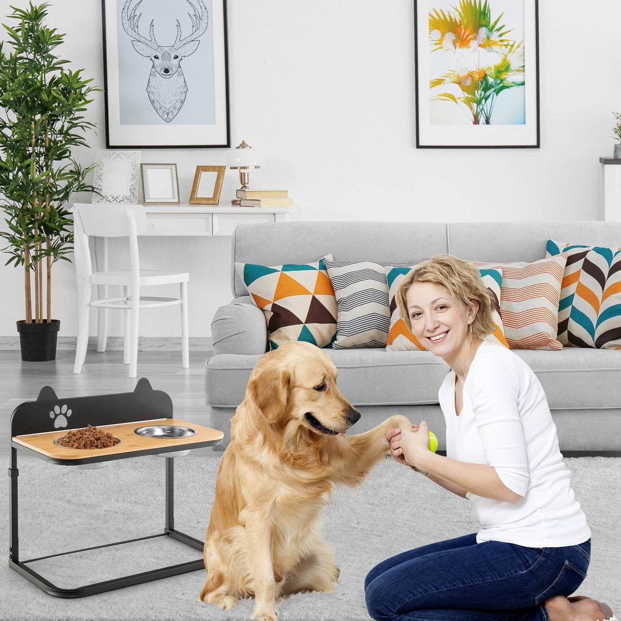 Soporte para cuencos de perro con 2 cuencos de acero inoxidable para comida y agua