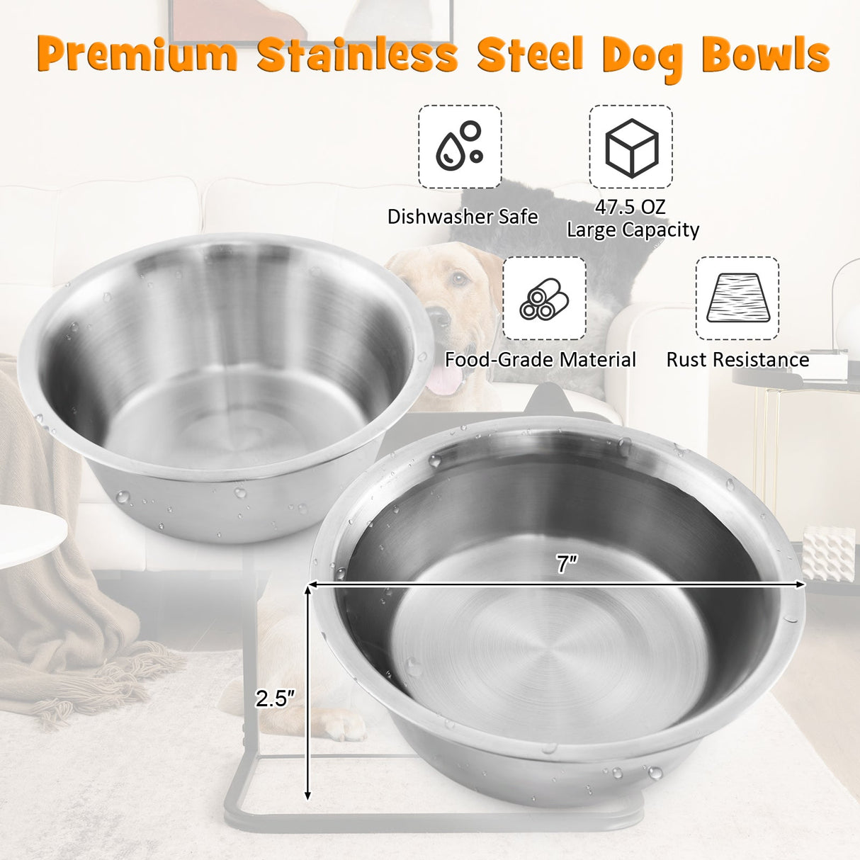 Soporte para cuencos de perro con 2 cuencos de acero inoxidable para comida y agua