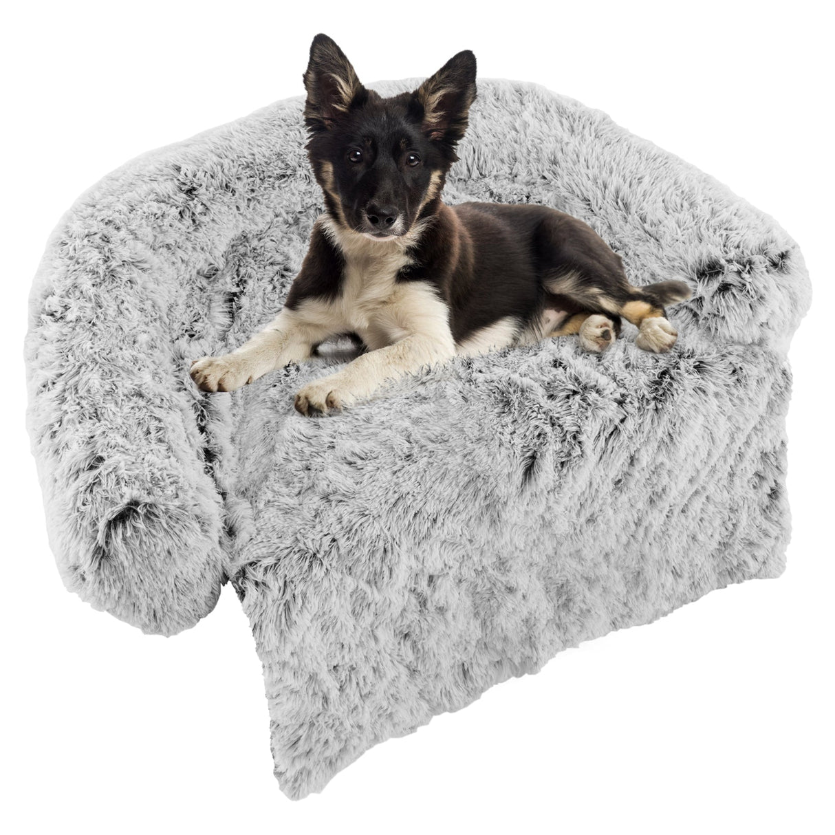Cama sofá relajante de felpa gris para perros con parte inferior antideslizante