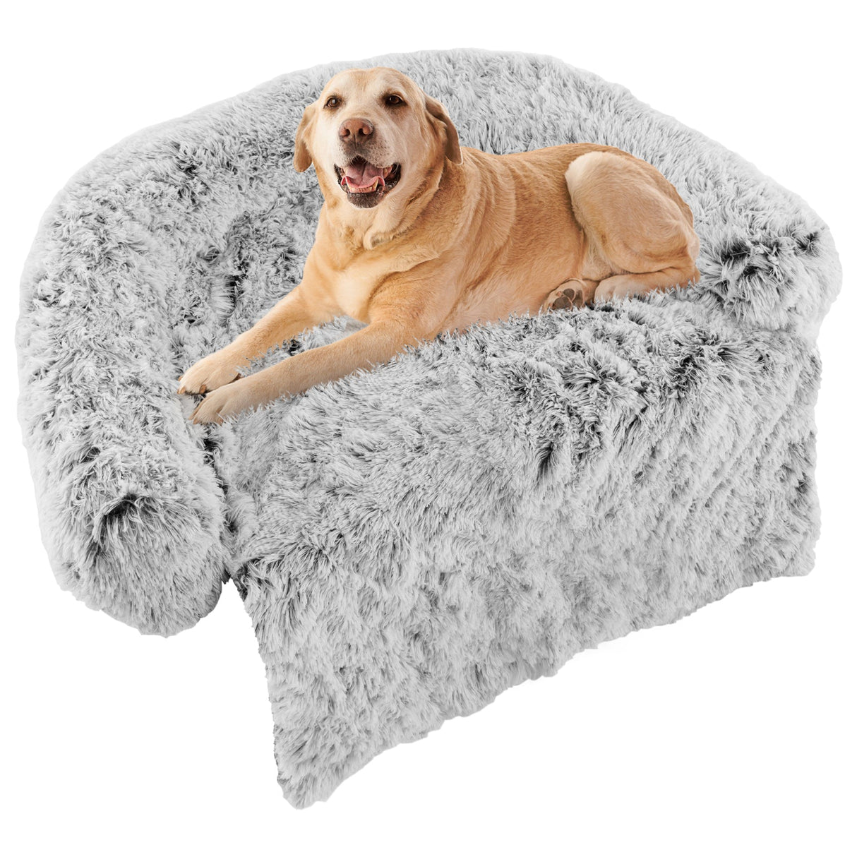 Cama sofá relajante de felpa gris para perros con parte inferior antideslizante