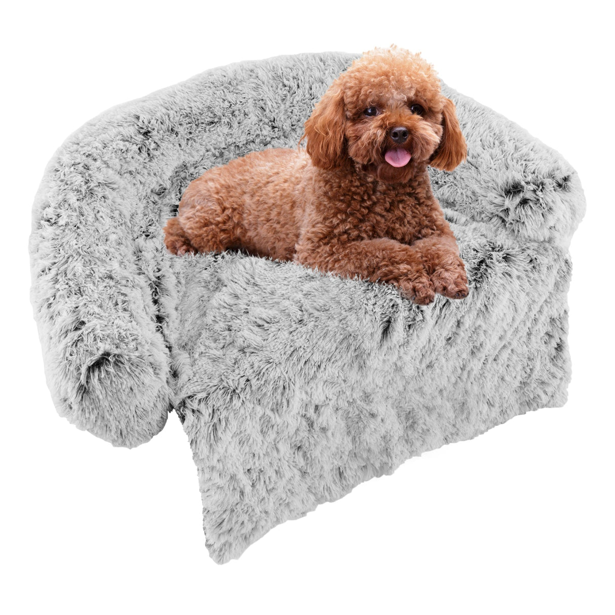 Cama sofá relajante de felpa gris para perros con parte inferior antideslizante