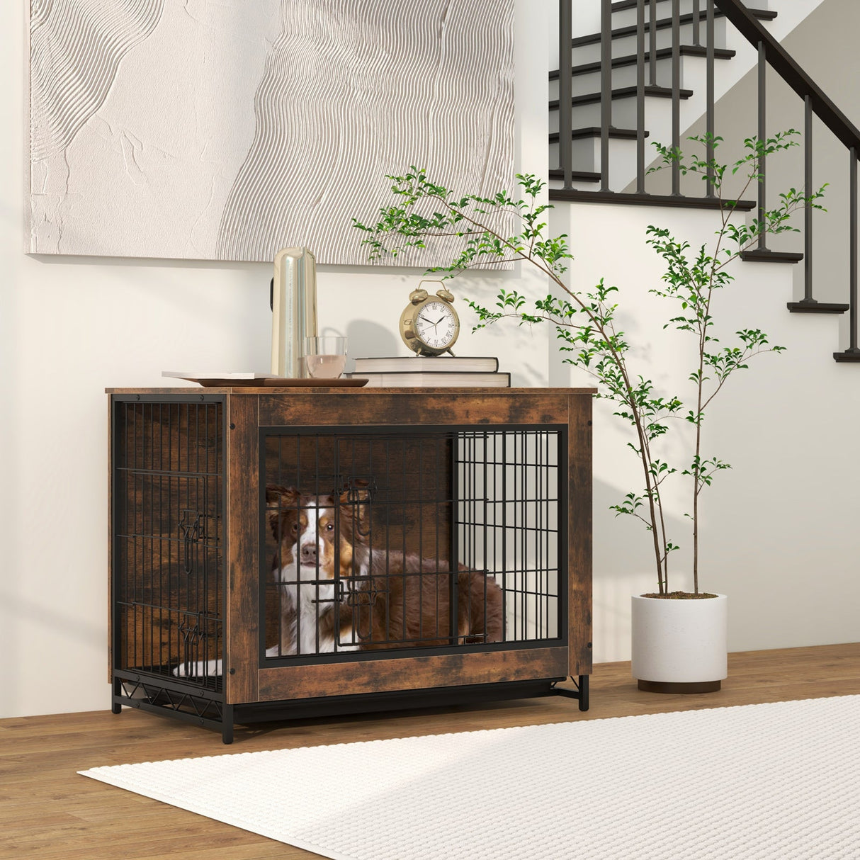 Mueble jaula para perros con doble puerta con cerradura y bandeja extraíble