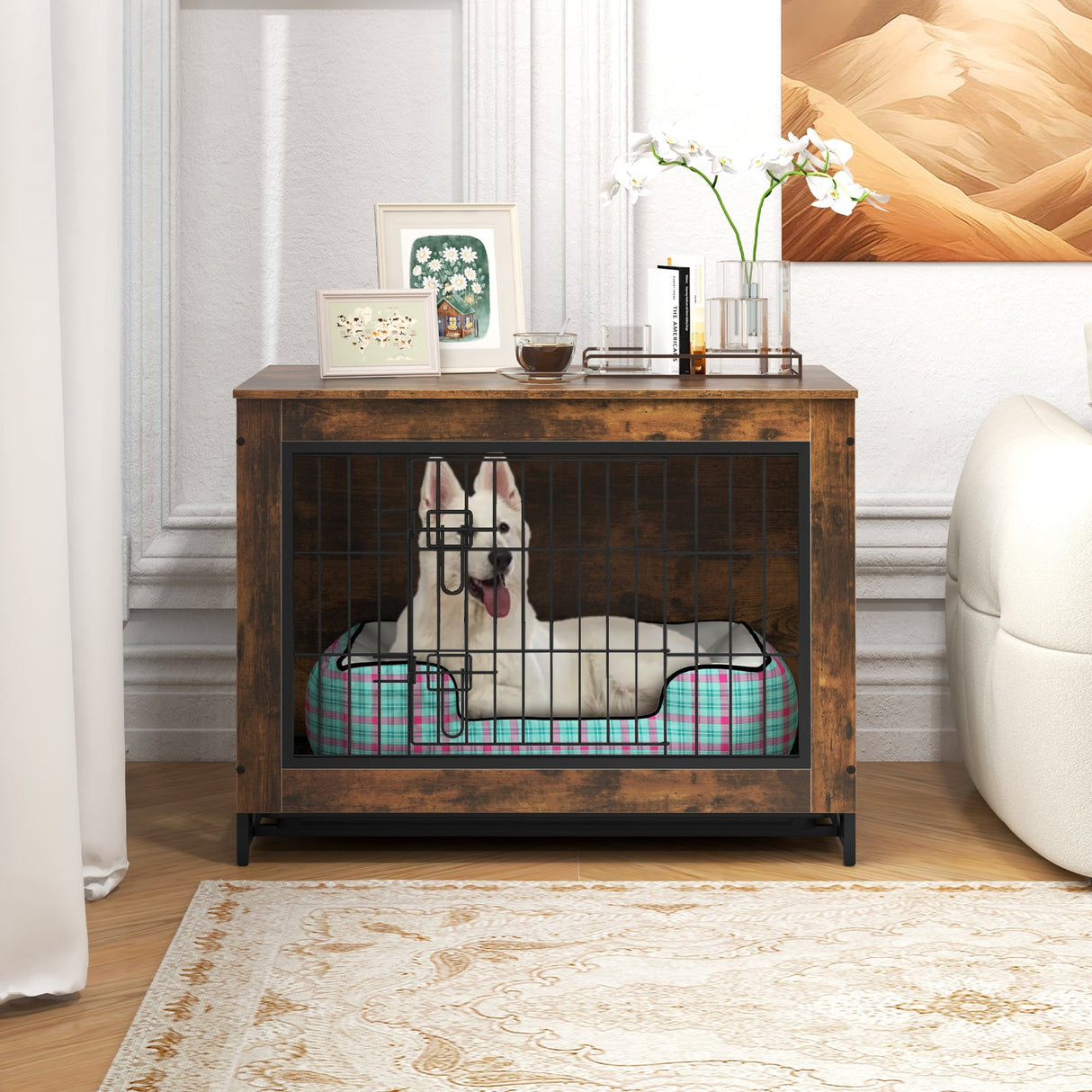 Mueble jaula para perros con doble puerta con cerradura y bandeja extraíble