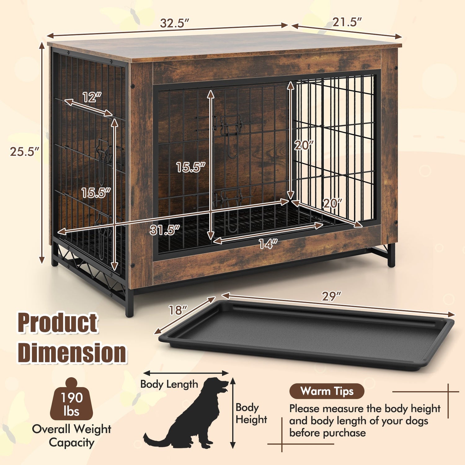 Mueble jaula para perros con doble puerta con cerradura y bandeja extraíble