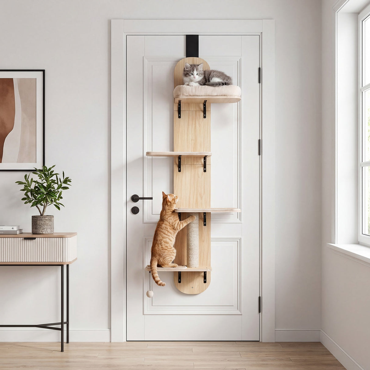 Trepadora para gatos para colgar en la puerta, de 4 niveles, altura ajustable con cama de felpa
