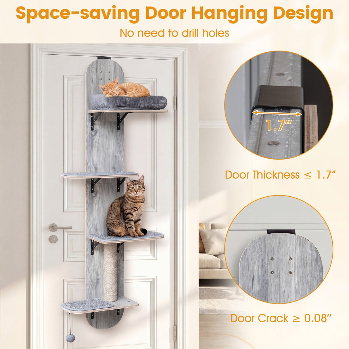 Trepadora para gatos para colgar en la puerta, de 4 niveles, altura ajustable con cama de felpa