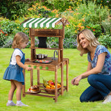 Cocina de barro de doble cara con toldo y pizarra para niños de 3+ años-Natural