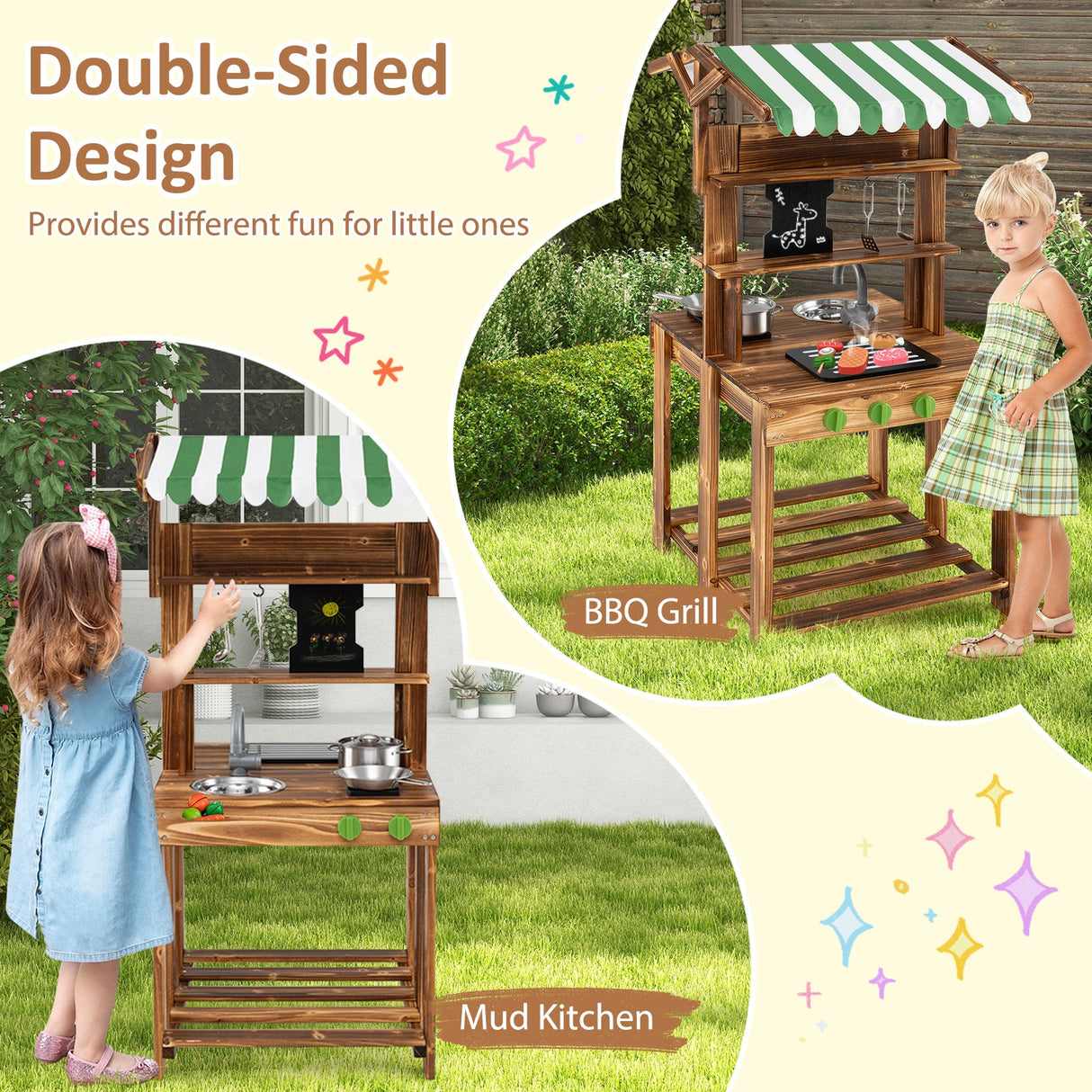 Cocina de barro de doble cara con toldo y pizarra para niños de 3+ años-Natural