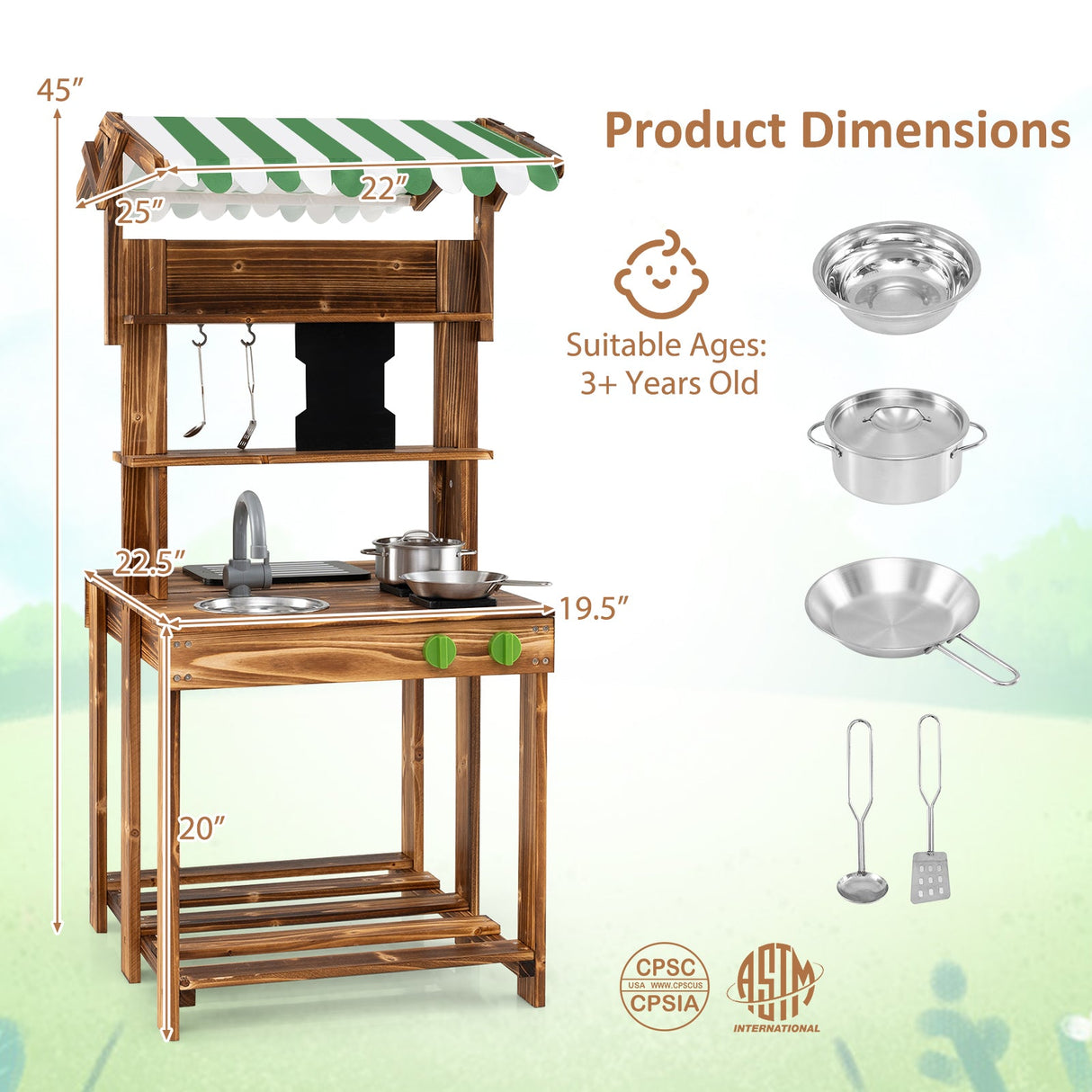 Cocina de barro de doble cara con toldo y pizarra para niños de 3+ años-Natural