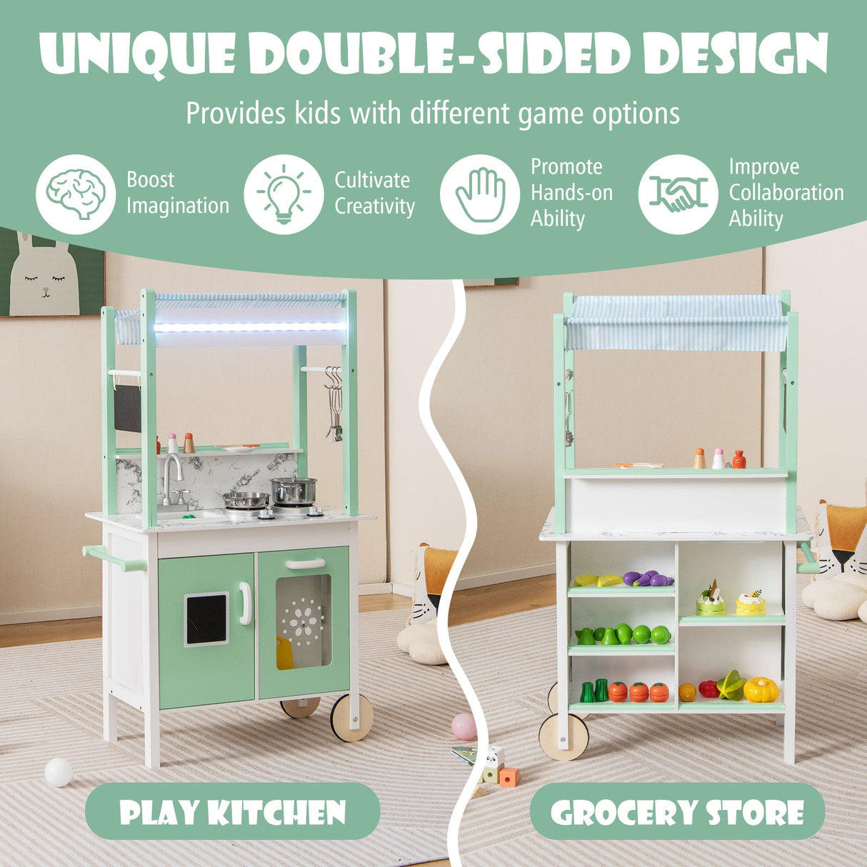 Cocina de juguete de doble cara con control remoto y barras de luz LED - Verde