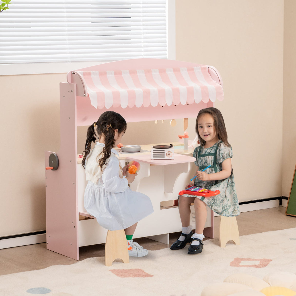 Juego de cocina de juguete de doble cara para niños con toldo y 2 asientos