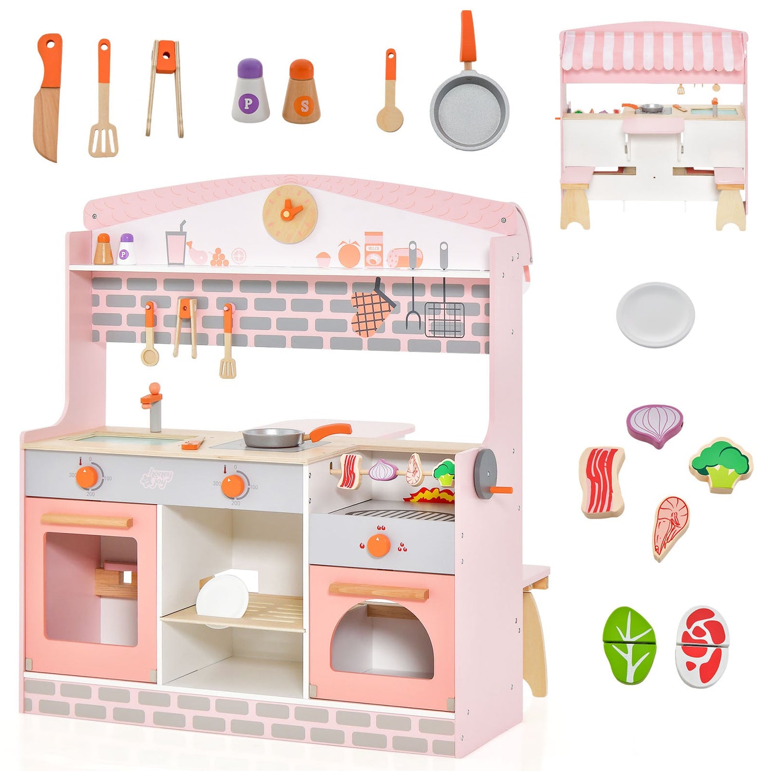 Juego de cocina de juguete de doble cara para niños con toldo y 2 asientos