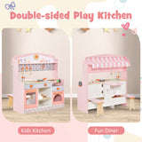 Juego de cocina de juguete de doble cara para niños con toldo y 2 asientos