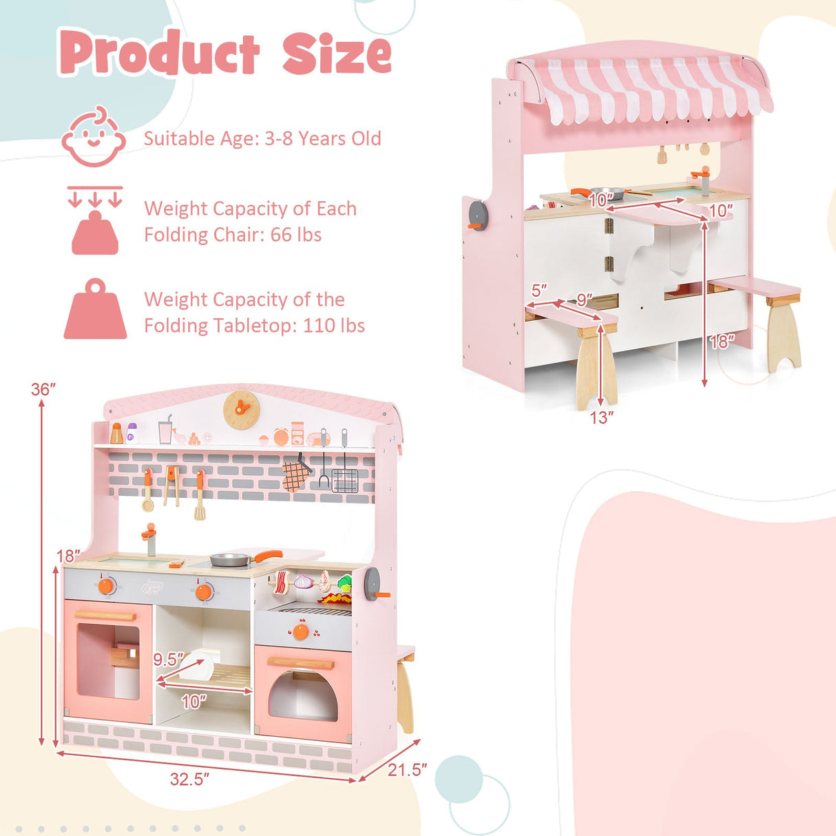 Juego de cocina de juguete de doble cara para niños con toldo y 2 asientos