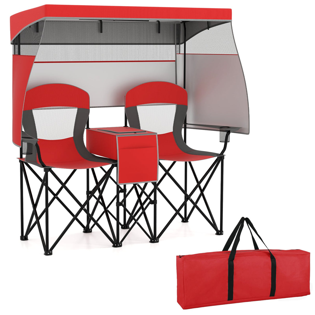 Tumbona doble con toldo ajustable y cortinas de sombreado en 3 lados