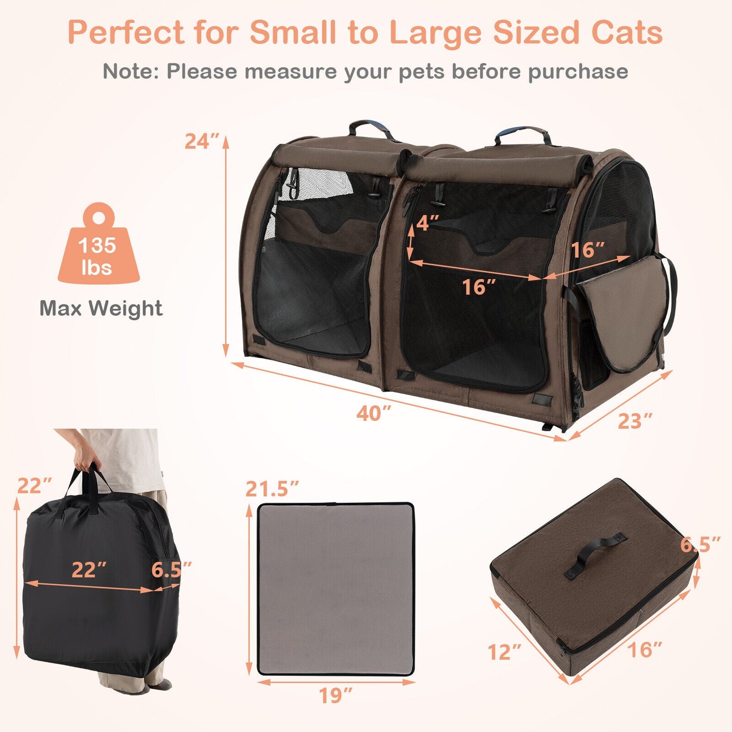 Transportín para mascotas con doble compartimento y 2 hamacas extraíbles