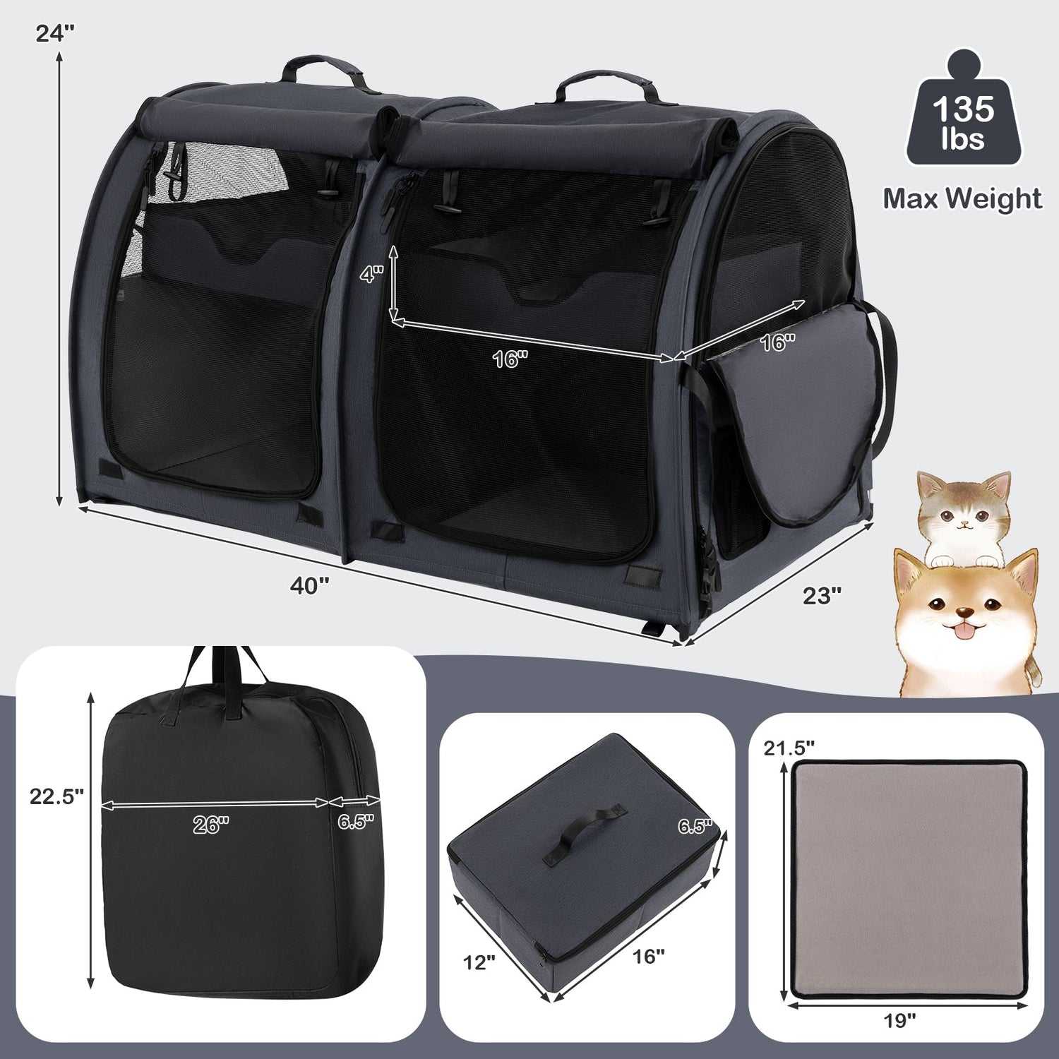 Transportín para mascotas con doble compartimento y 2 hamacas extraíbles